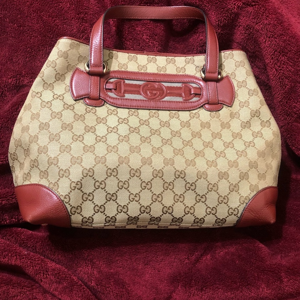 Gucci GG Canvas and Leather Medium Beige and Red Tote